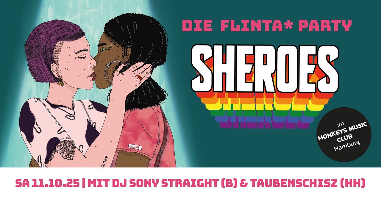 Eventgrafik (Illustration: zwei küssende FLINTA* Personen) mit Datum und Ort der Party