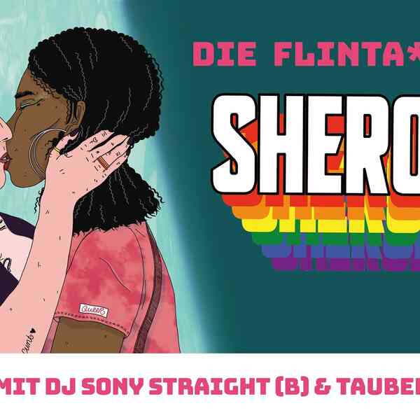 Eventgrafik (Illustration: zwei küssende FLINTA* Personen) mit Datum und Ort der Party