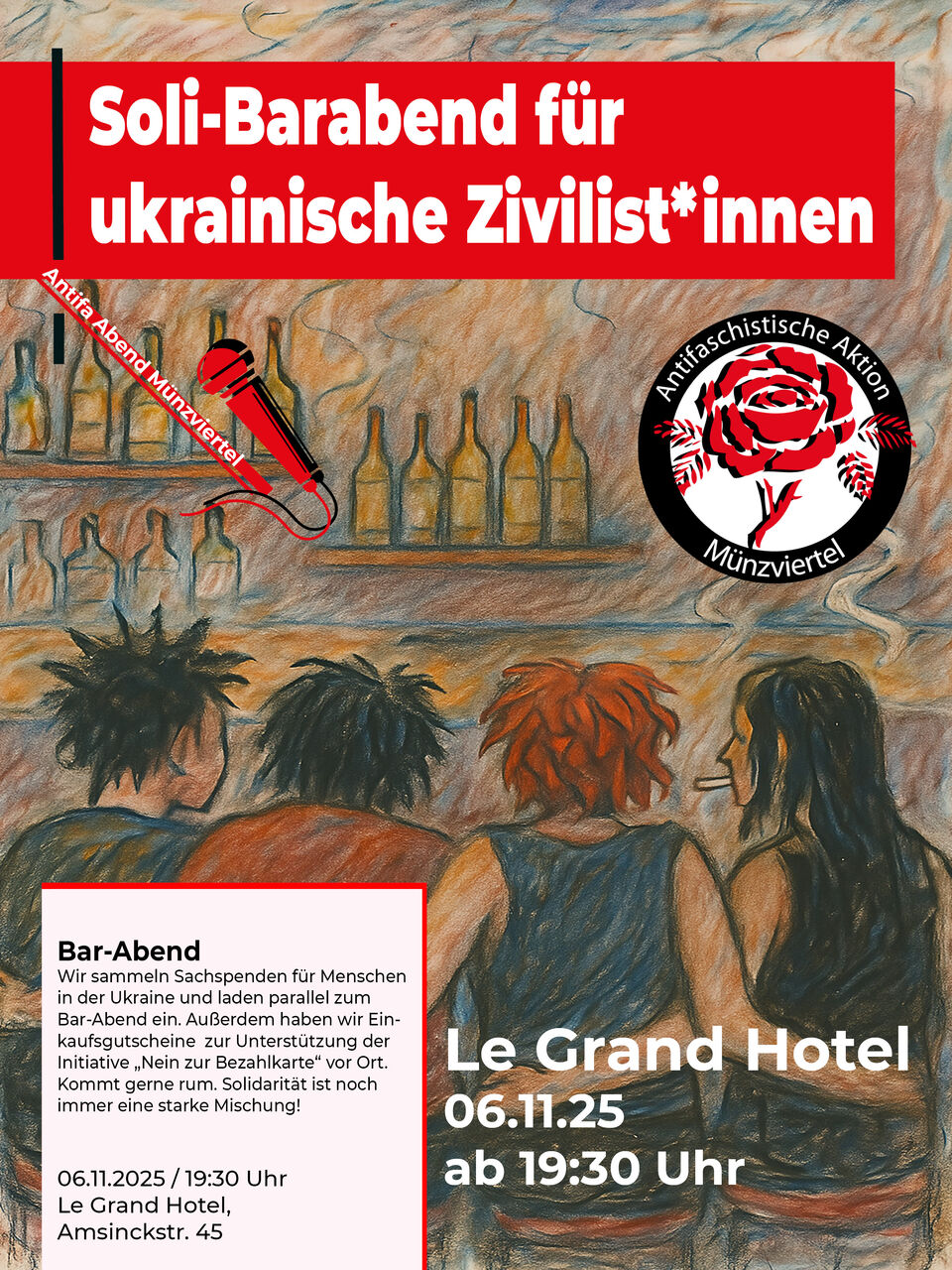 Plakat mit an der Bar sitzenden Personen und Text: Antifa-Abend: Soli-Barabend für ukrainische Zivilist*innen