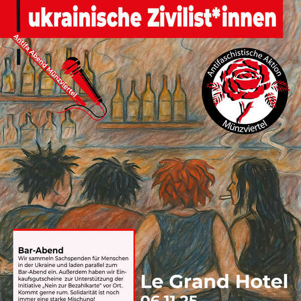 Plakat mit an der Bar sitzenden Personen und Text: Antifa-Abend: Soli-Barabend für ukrainische Zivilist*innen