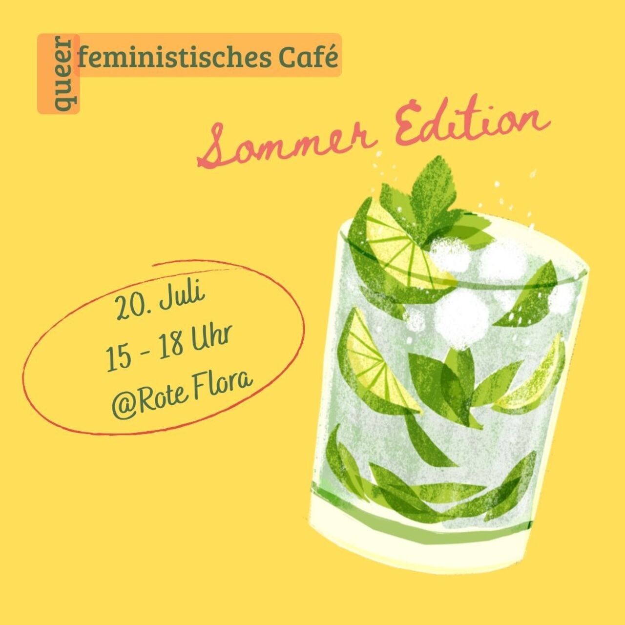 Gelber Hintergrund mit Cocktailglas (gefüllt mit durchsichtiger Flüssigkeit & Limettenspalten)
