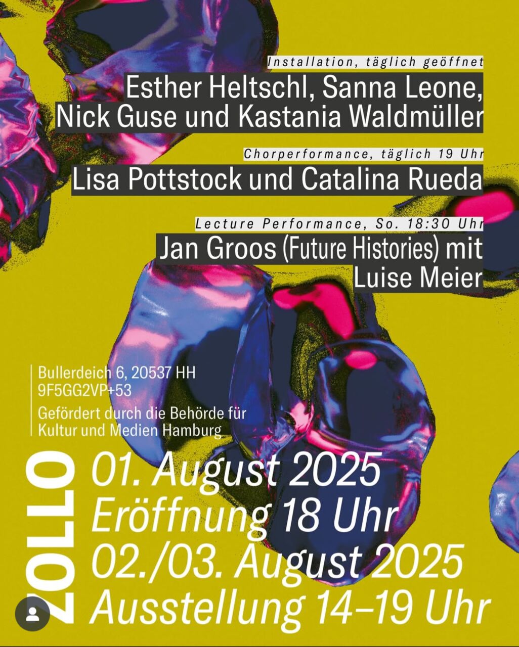 ONLINE-FLYER für das gesamte Zollo-Wochenende mit Ausstellung, Performance und Future Histories 