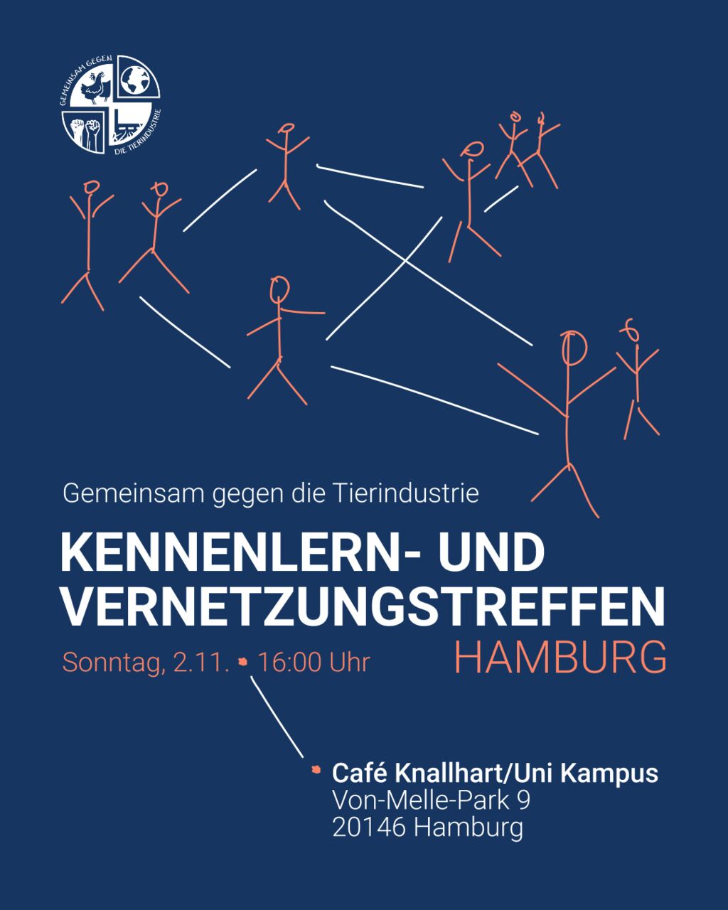 Einfache Grafik mit den im Beitrag genannten Daten zu Ort und Zeit des Kennenlern- und Vernetzungstreffen von Gemeinsam gegen die Tierindustrie.