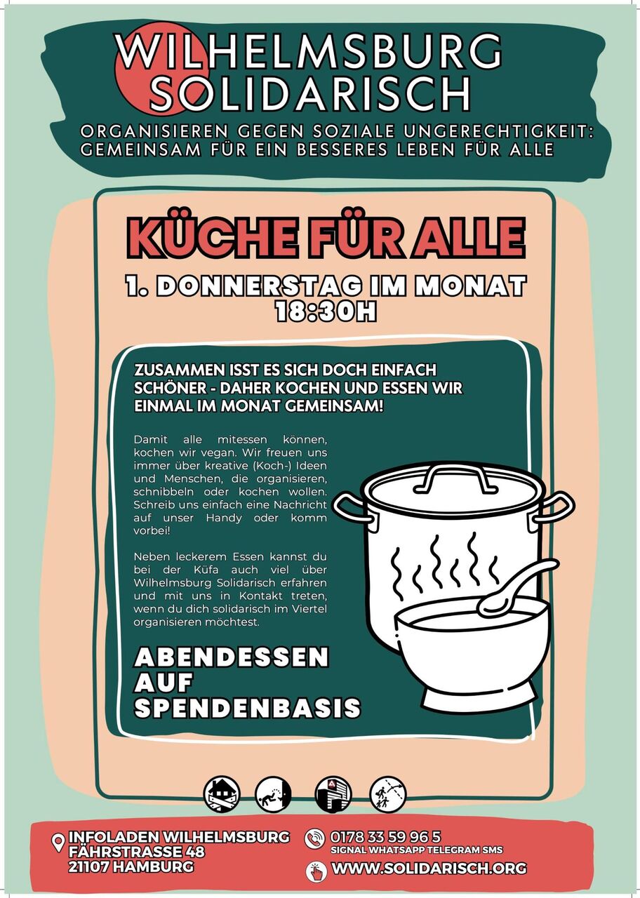 Ausführliche Informationen zur Küche für Alle von Wilhelmsburg Solidarisch und die Kontaktdaten befinden sich in der Textbeschreibung.
