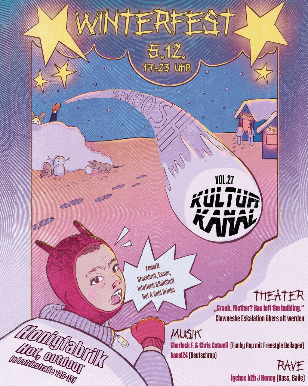 eine Schneeballschalacht von zwei Personen zwischen Weihnachtsmarkthütten, im Hintergrund bauen Ratten einen Schneemensch und fressen die Nasenmöhre