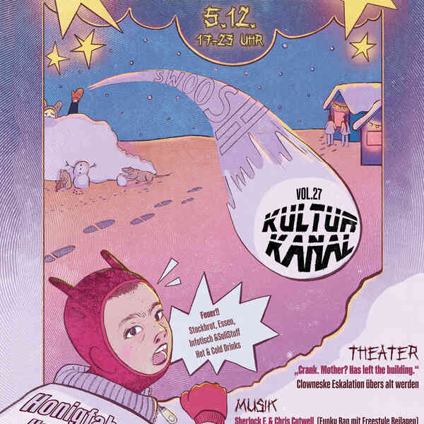 eine Schneeballschalacht von zwei Personen zwischen Weihnachtsmarkthütten, im Hintergrund bauen Ratten einen Schneemensch und fressen die Nasenmöhre