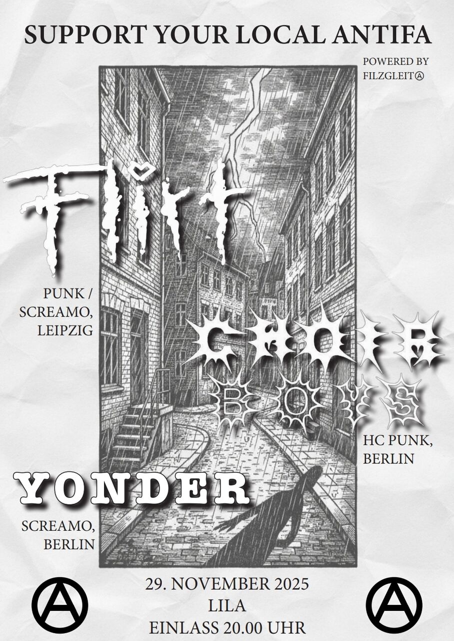 Flyer der Veranstaltung "Support your local Antifa" mit Flirt, Choir Boys, Yonder am 29.11. im LiLa