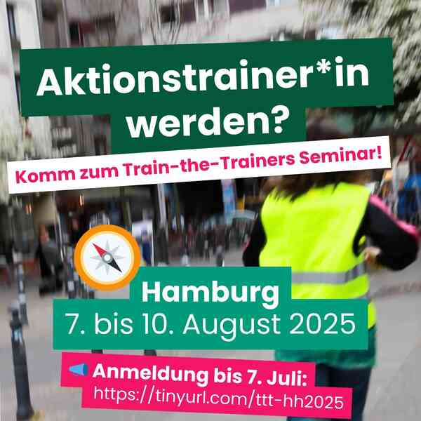 Vor dem Hintergrund einer laufenden Person in Warnweste stehen die Veranstaltungsinfos zum Train-the-Trainers-Seminar in Hamburg.