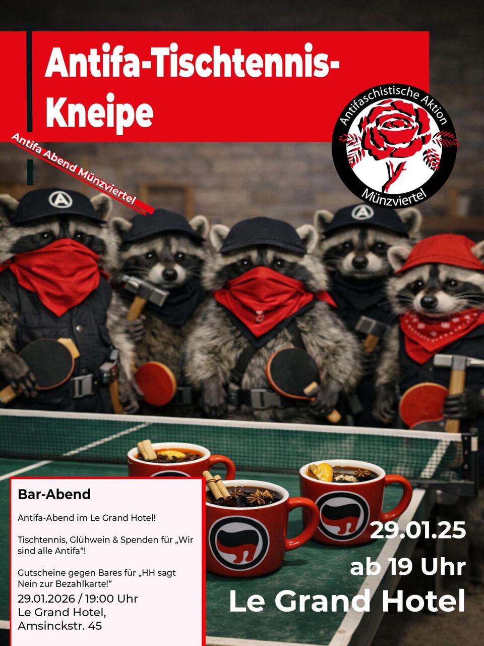 Mehrere Waschbären, z.t. mit roten oder scharzen Tüchern vor dem Mund, sowie schwarnen Caps mit einem A drauf,stehen mit Tischtenniskelle in der Hand und Hämmern im Gürtel an einer Tischtennisplatte. Auf der Platte stehen Becher. Diese haben Antifa-Flaggen drauf und es ist zu sehen, dass sie mit Getränken gefüllt sind, aus denen eine Zimtstange lugt.