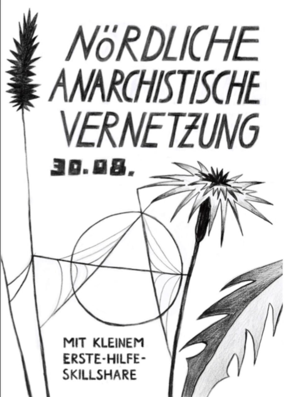 Auf dem Bild steht mit schwarzer Schrift auf weißem Hintergrund: NÖRDLICHE ANARCHISTISCHE VERNETZUNG 30.08. MIT KLEINEM ERSTE-HILFE-SKILLSHARE. Dieser Text ist umrandet von gezeichneten Blumen, die mit einem „Circle-A“ , dass aussieht wie ein Spinnennetz, verbunden werden.