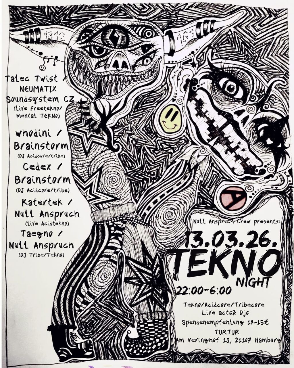 Bild in S/W. Links sind die Acts aufgeführt, mittig dominierend eine abstrakte Figur mit zwei Köpfen, rechts unten die Hardfacts zur Party (Ort, Spenden, Uhrzeit)