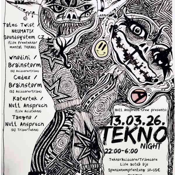 Bild in S/W. Links sind die Acts aufgeführt, mittig dominierend eine abstrakte Figur mit zwei Köpfen, rechts unten die Hardfacts zur Party (Ort, Spenden, Uhrzeit)