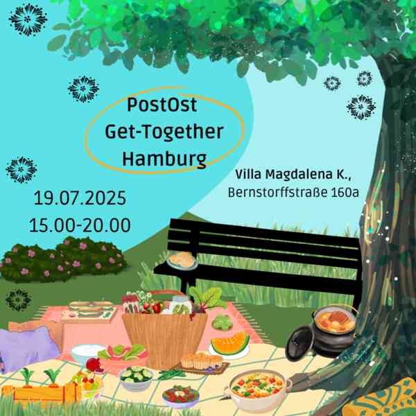 Infobild mit dem Titel "PostOst Get-Together Hamburg" 19.07 15-20.00 Villa Magdalena K., Bernstoffstraße 160a - Auf dem Bild ist ein sommerliches Picknick unter einem Baum zu sehen. Auf Picknickdecken steht verschiedenes Essen, zum Beispiel Muffins, Kociołek, Gurkensalat, Sandwiches, Obst und Gemüse. 