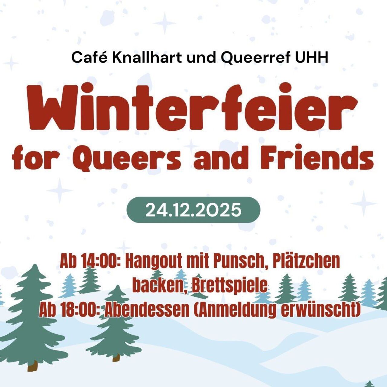 Weißer Hintergrund (winterliche Landschaft) und in roter Schrift Titel + Programm, die auch in der Beschreibung stehen.