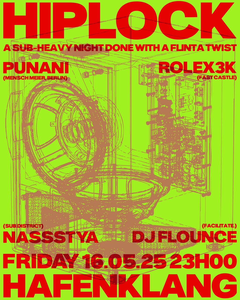 VA Plakat mit technischer Zeichnung von Bassbox ud lineup text