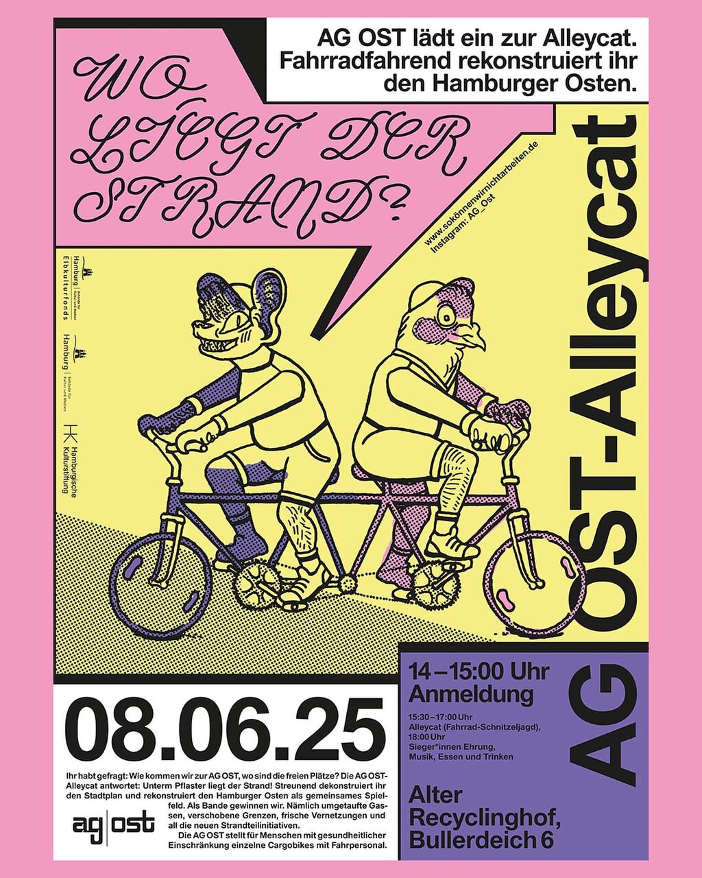 Das Bild zeigt zwei Tiere, die gemeinsam auf einem Tandemfahrrad fahren. Über ihnen steht die Sprechblase: Wo liegt hier der Strand? Drumherum stehen Infos zur Veranstaltung am 8.6.2025.