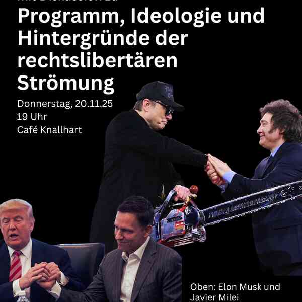 Auf dem Sharepic stehen Titel, Ort und Zeit der Veranstaltung. Auf schwarzem Hintergrund sind einmal Elon Musk und Javier Milei zu sehen, wie sie sich die Hände schütteln. Das Bild darunter zeigt Peter Thiel und Donald Trump wie sie sich die Hände schütteln und lächeln.