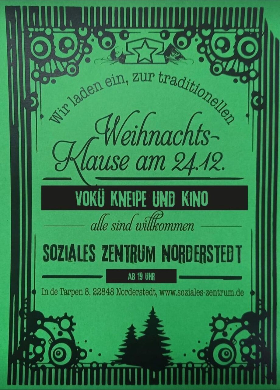grüner Hintergrund, schwarzer Text: Wir laden ein zur traditionellen Weihnachtsklause am 24.12.