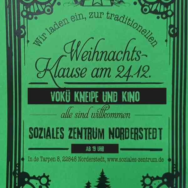 grüner Hintergrund, schwarzer Text: Wir laden ein zur traditionellen Weihnachtsklause am 24.12.