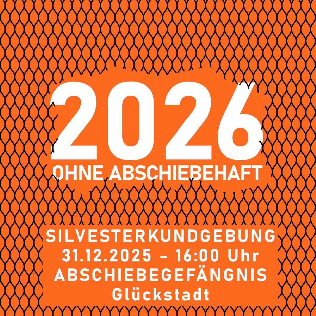 Auf orangefarbenem Hintergrund ist ein stilisierter schwarzer Maschendraht zu sehen, der aufgeschnitten scheint.