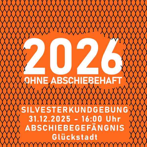 Auf orangefarbenem Hintergrund ist ein stilisierter schwarzer Maschendraht zu sehen, der aufgeschnitten scheint.