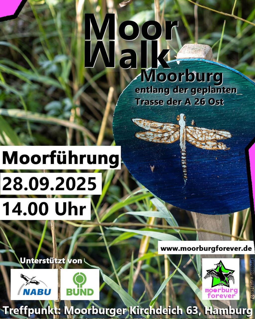 Text: Moor Walk (M und W stehen genau übereinander, als würden sie sich spiegeln), Moorburg, an der geplanten Trasse der A26Ost. Moorführung, 22.6.2025, 14 Uhr. Moorführung. 28.09.2025, 14 Uhr. www.moorburgforever.de. Unterstützt von NABU und BUND. Moorburg forever (jeweils die Logos). Treffpunkt: Moorburger Kirchdeich 63, Hamburg. Bild: An einem Holzpfahl, der in einem Stück Wiese steckt, ist eine kreisrunde Scheibe befestigt. Der Hintergrund ist blaugrün angemalt, im Vordergrund eine hell gezeichnete Libelle.