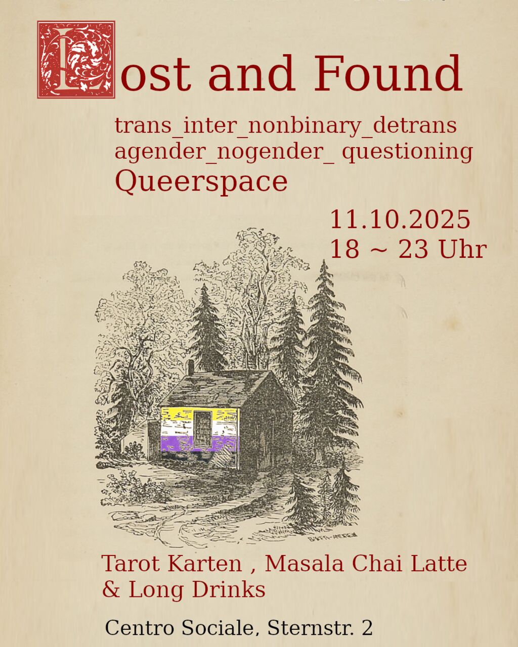 Flyer Motiv mit einer Hütte im Wald. Eine Wand ist mit einer Pride Flag versehen. Vom Grafik Stiel her wie aus einem alten Märchenbuch.  