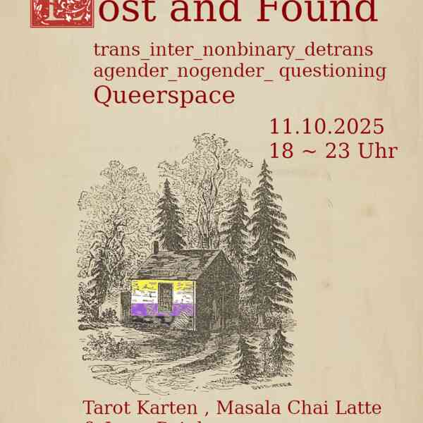 Flyer Motiv mit einer Hütte im Wald. Eine Wand ist mit einer Pride Flag versehen. Vom Grafik Stiel her wie aus einem alten Märchenbuch.  