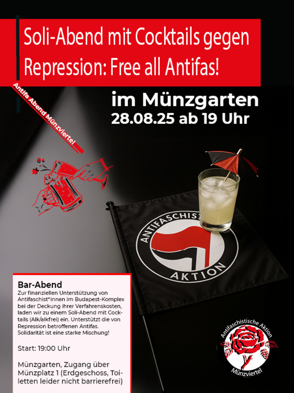 Werbeplakat mit 1 Antifafahne und 1 Coctail