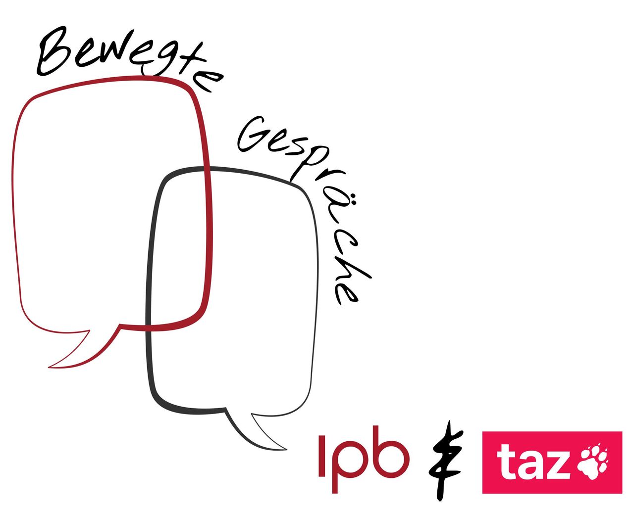 Zwei Sprechblasen, darüber steht "bewegte Gespräche". unten rechts ist das ogo vom Ipb und der taz zu sehen.