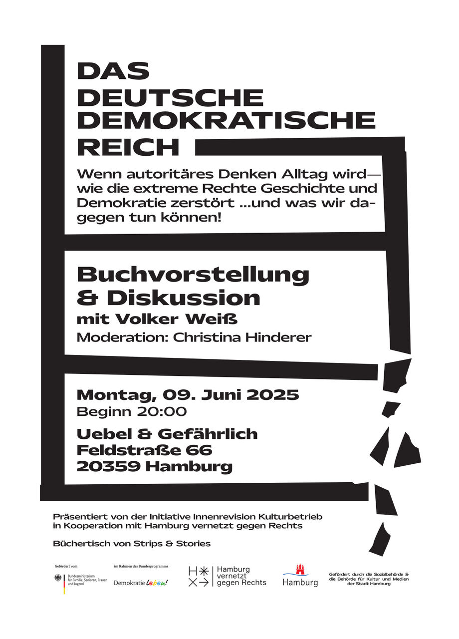 Plakat zur Buchvorstellung "Das Deutsche Demokratische Reich" mit Volker Weiß am 9. Juni um 20 Uhr im Uebel & Gefährlich