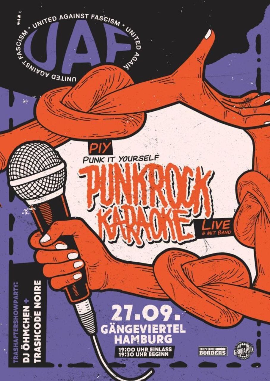 Flyer der Veranstaltung Punkrock Karaoke im Gängeviertel im Kontext des United Against Facism Festival