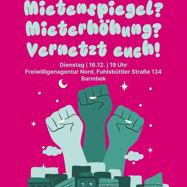 Share Pic mit einer Grafik von stilisierten Häusern und gestreckten Fäusten im Hintergrund. Dazu die Überschrift „Mietenspiegel – Mieterhöhung – Vernetzt euch“ sowie die im Beitrag genannten Daten zu Zeit und Ort des Vernetzungstreffens.