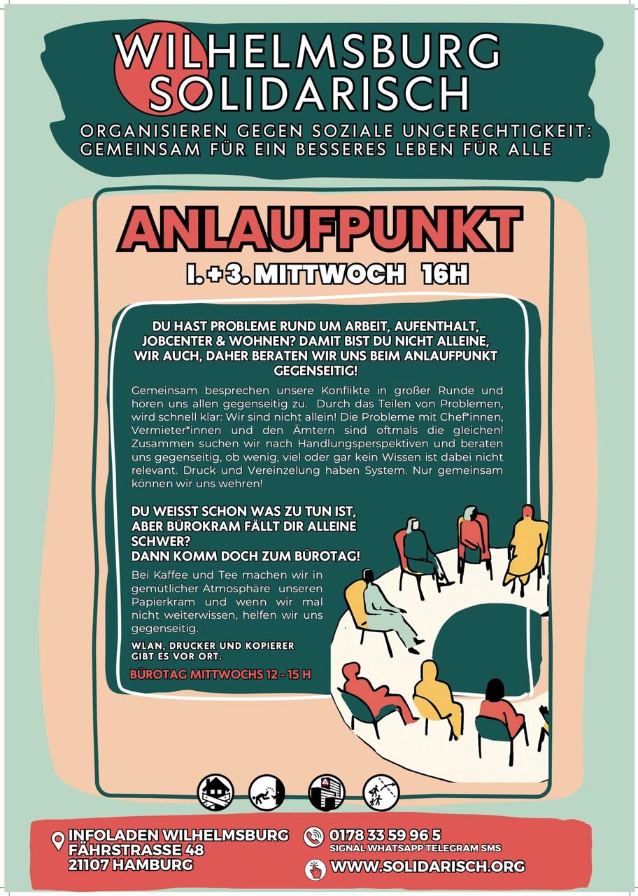 Ausführliche Informationen zum Anlaufpunkt von Wilhelmsburg Solidarisch und die Kontaktdaten befinden sich im Text.