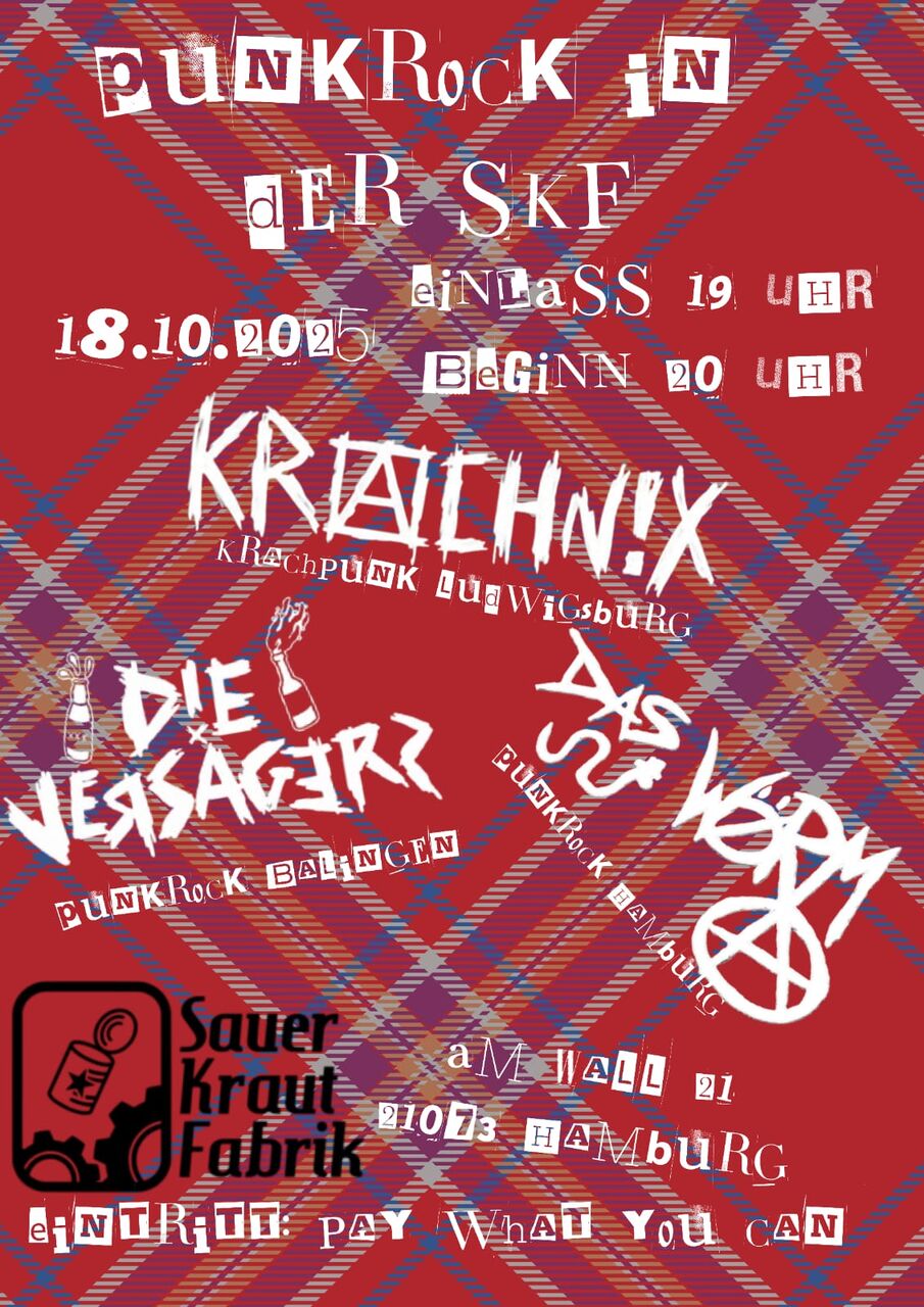 Sharepic mit Namen der Bands und Uhrzeit vor rotem Karo Stoff Hintergrund