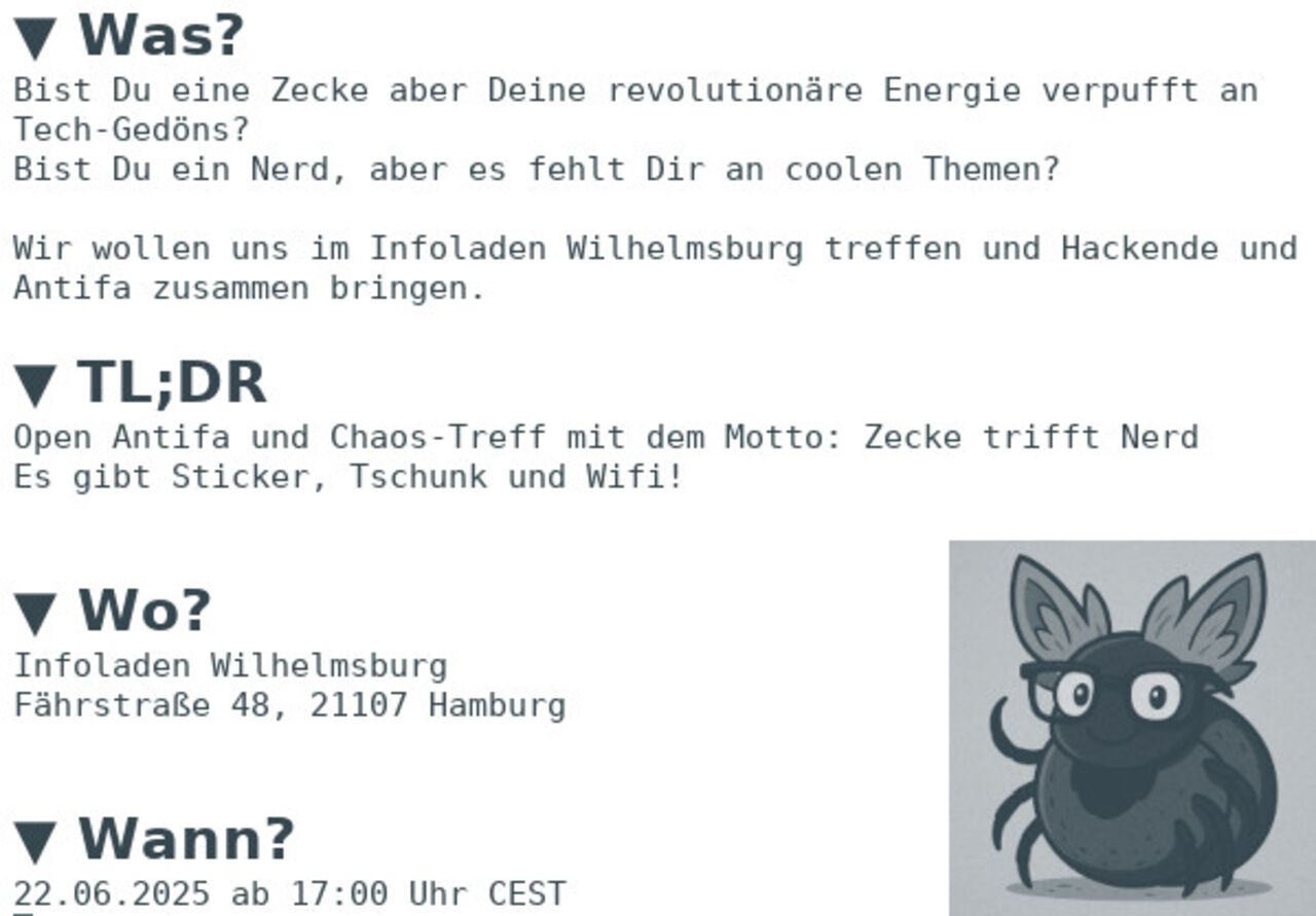 Eine Zecke mit Nerdbrille und süßen Katzenohren und der Beschreibungstext.