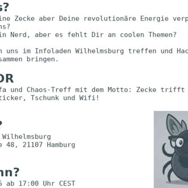 Eine Zecke mit Nerdbrille und süßen Katzenohren und der Beschreibungstext.