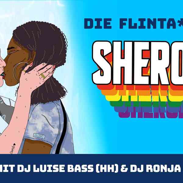 Eventgrafik (Illustration: zwei küssende FLINTA* Personen) mit Datum und Ort der Party