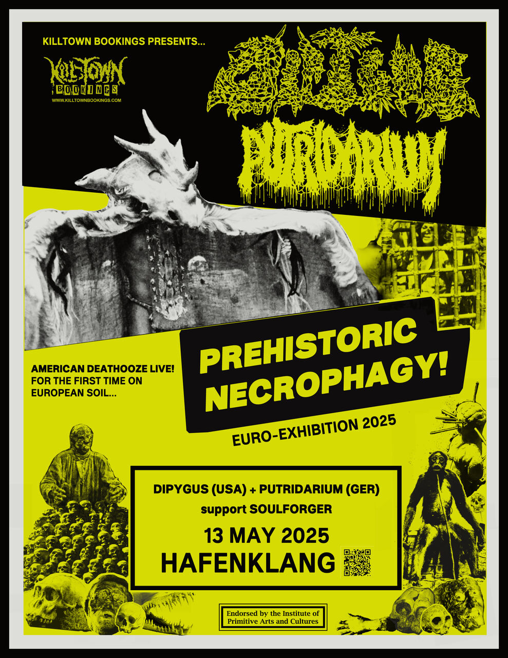 Gelbes Tourposter in tiekundemuseumsstyle mit den Bandnamen und saurier skeletten