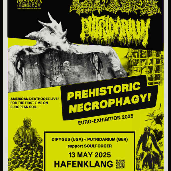 Gelbes Tourposter in tiekundemuseumsstyle mit den Bandnamen und saurier skeletten