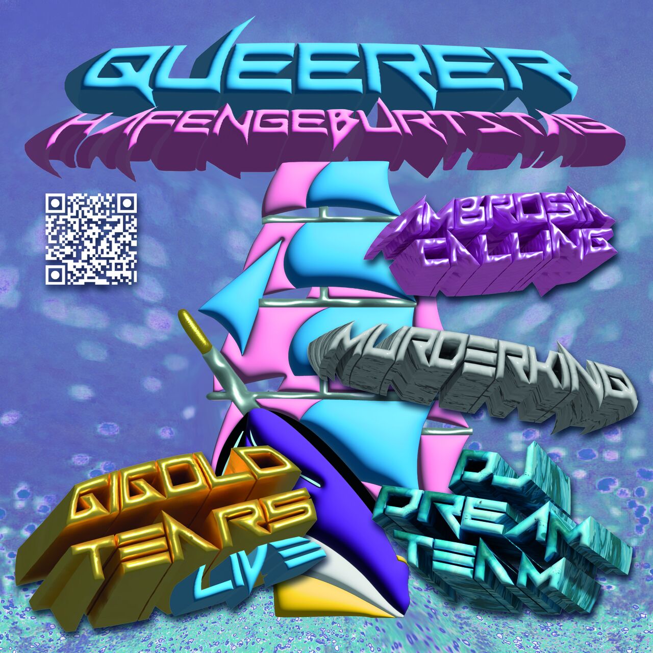 Das Hafengeburtstagsschiff in rosa blau lila weiß gelb und die namen der DJs und des Liveacts Gigolo Tears