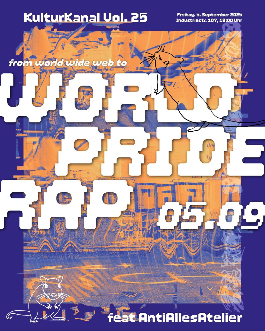 World Pride Rap in fetten Buchstaben vor einem Glitch-Hintergrund, besprühte Wand mit einer Ratte im Bild
