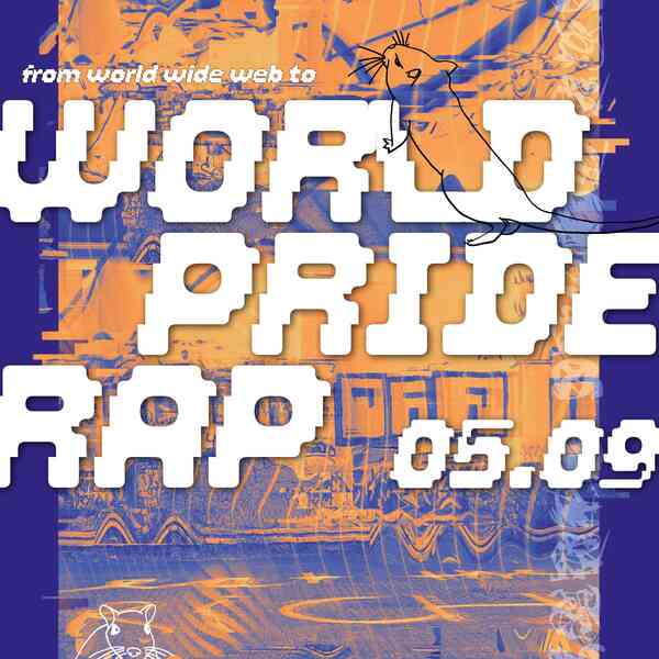 World Pride Rap in fetten Buchstaben vor einem Glitch-Hintergrund, besprühte Wand mit einer Ratte im Bild