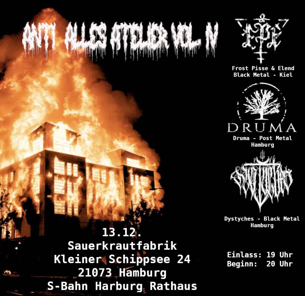 sharepic mit Bandlogos und Namen etc, im Hintergrund eine brennende Polizeiwache