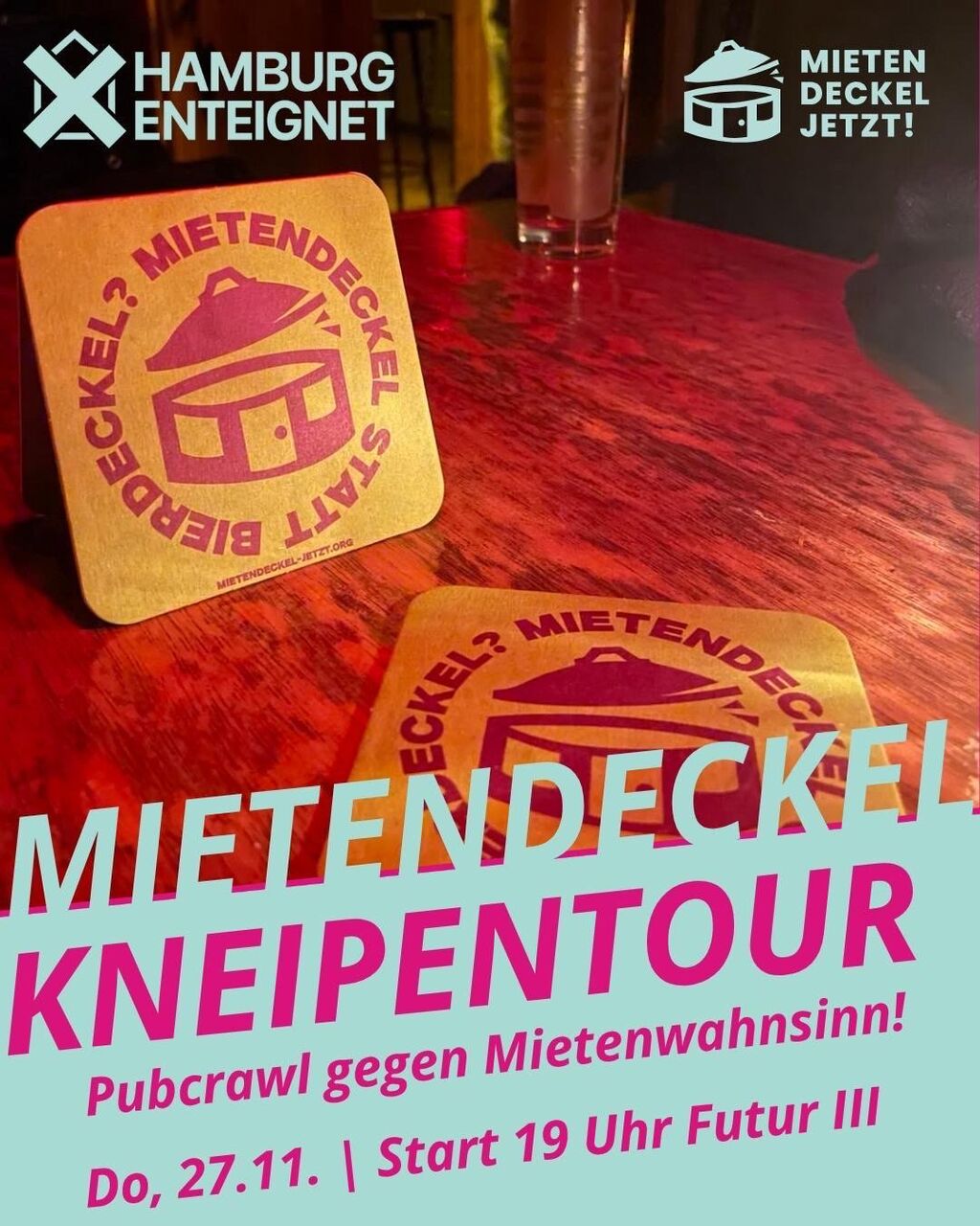 Mietendeckel Bierdeckel in Kneipenatmosphäre sowie Titel und Datum der Veranstaltung