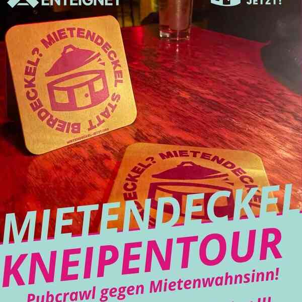 Mietendeckel Bierdeckel in Kneipenatmosphäre sowie Titel und Datum der Veranstaltung