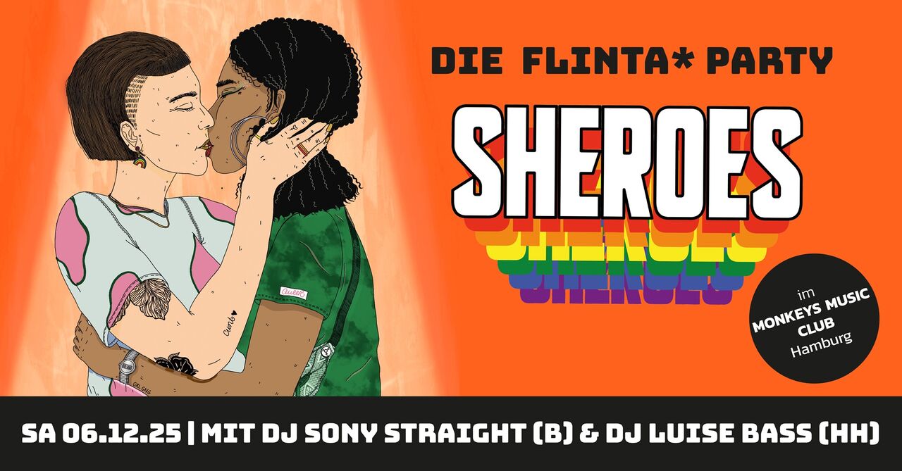 Eventgrafik (Illustration: zwei küssende FLINTA* Personen) mit Datum und Ort der Party