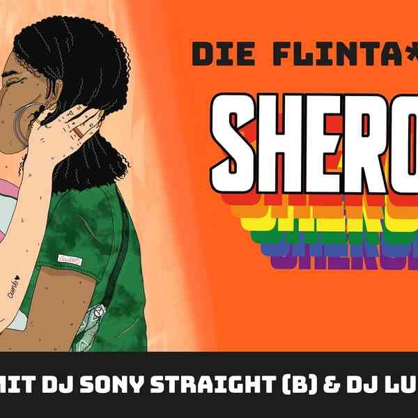 Eventgrafik (Illustration: zwei küssende FLINTA* Personen) mit Datum und Ort der Party