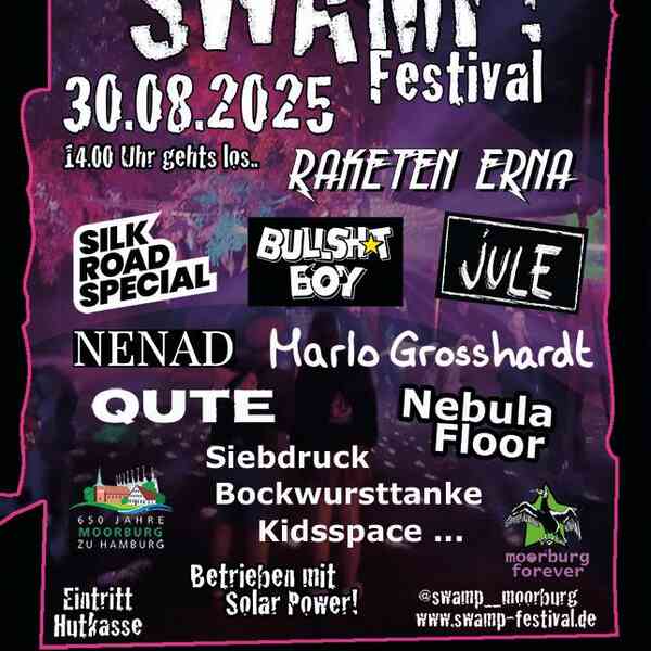 Flyer in lila und blau mit den Namen der spielenden Bands: Raketen Erna, marlo Großhardt, Silk Road Special, Bullhit Boy, Qute und Kinderprogramm mit Rollenrutsche, Essen und Trinken, Nebula Elektro-Floor