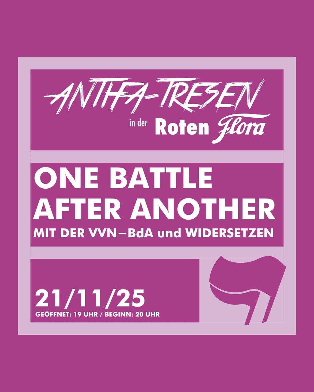 Antifa-Tresen in der Roten. One Battle After Another - mit der VVN-BdA und WIDERSETZEN. Am 21.11.2025. Einlass ab 19 Uhr. Beginn um 20 Uhr.